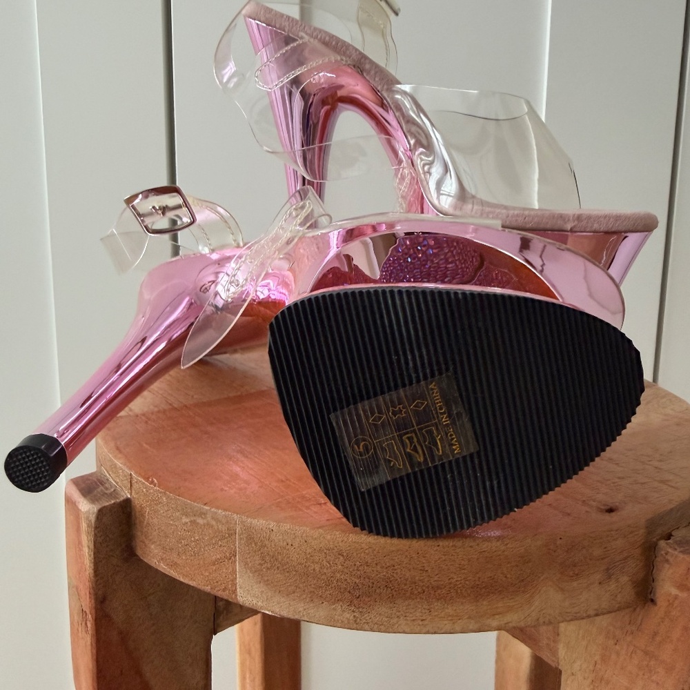 New - No Box - Pleaser Sparkling Chrome Pink Platform Heels - Size 5 - Picture 4 of 6
